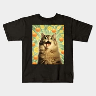 Vibrant Crazy Cat Collage Surrounded by Citrus Fruit - Unique Quirky Kitty Art Kids T-Shirt